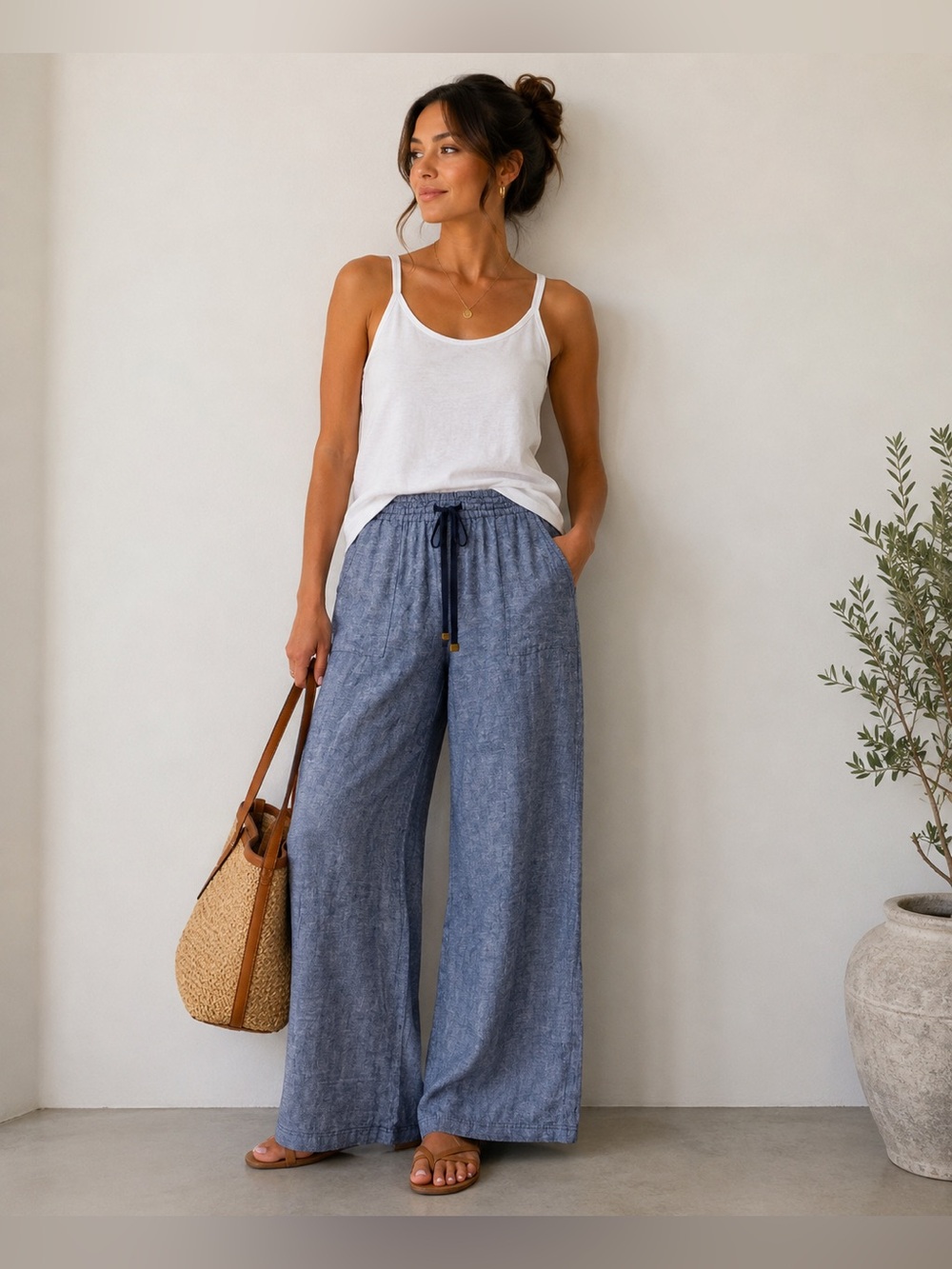 time and tru blue chambray linen blend wide leg pull on pants size xs